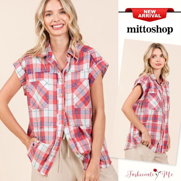 Mittoshop Mineral Washed Plaid Pattern Button Down Relaxed Fit Shirt | Red - Picture 1 of 6